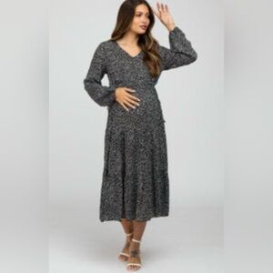 PinkBlush Vanilla Bay Maternity Black Dot Teired V-Neck Midi Dress Medium